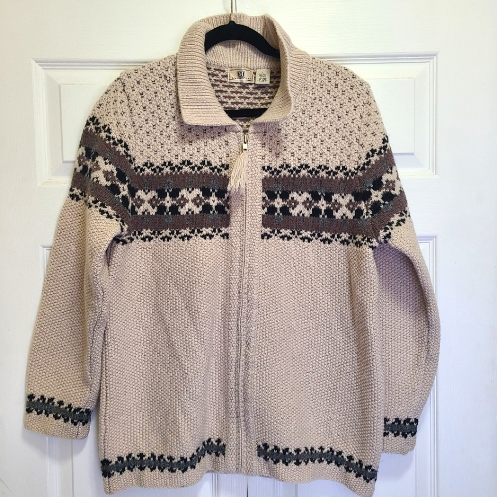 Vintage 1990s women's wool sweater Maurices Beige tan black knit print  Large